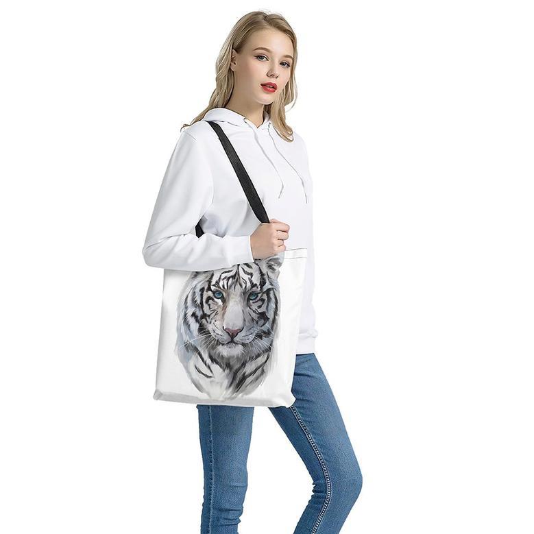 Watercolor White Bengal Tiger Print Tote Bag