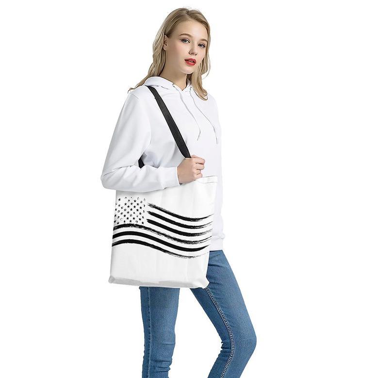 White And Black American Flag Print Tote Bag