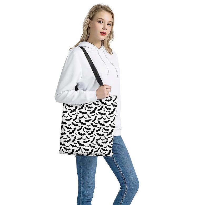 White And Black Halloween Bat Print Tote Bag