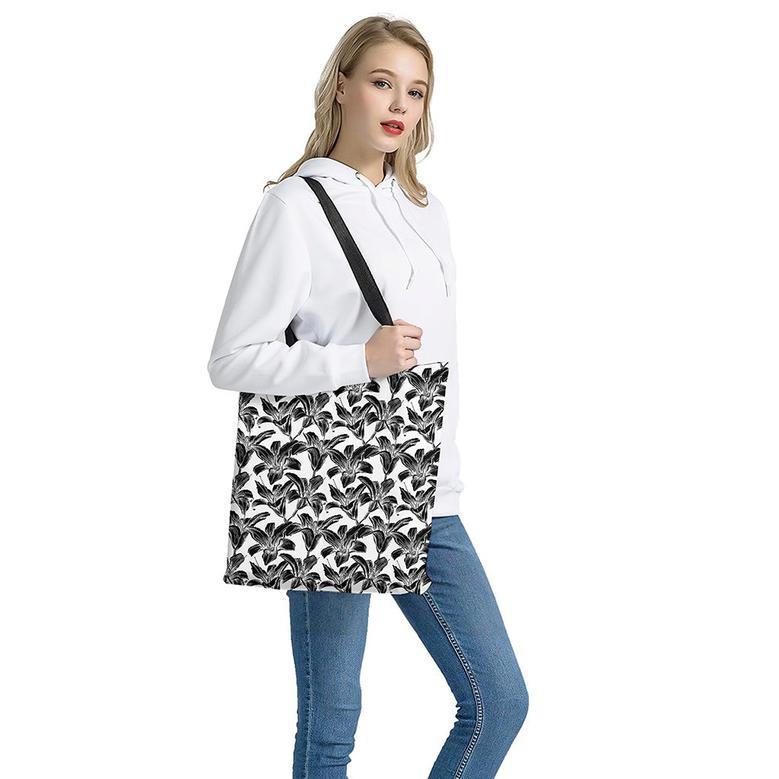 White And Black Lily Pattern Print Tote Bag