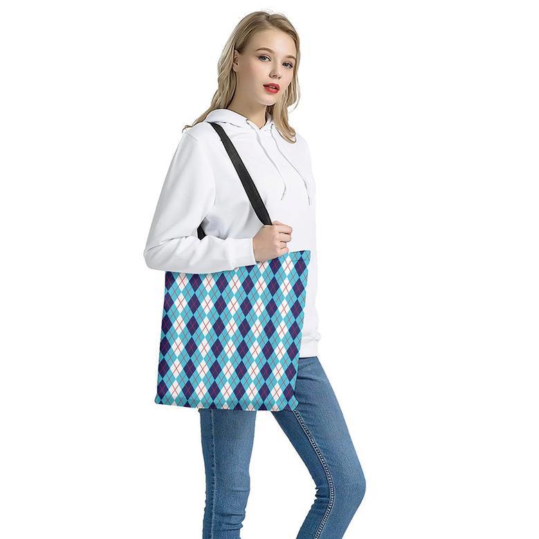 White And Blue Argyle Pattern Print Tote Bag