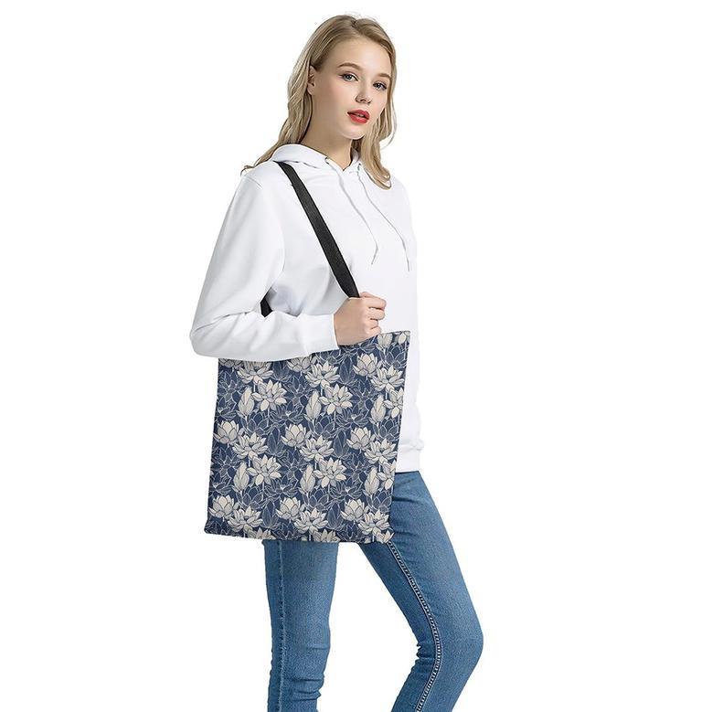 White And Blue Lotus Flower Print Tote Bag