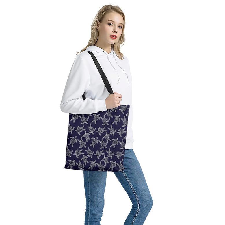 White And Blue Turtle Pattern Print Tote Bag