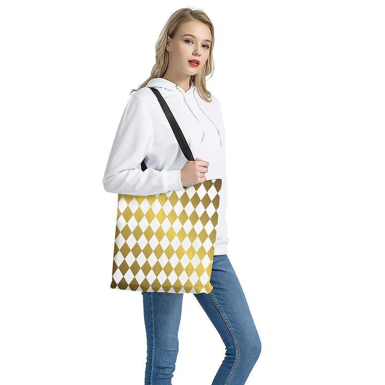 White And Gold Harlequin Pattern Print Tote Bag