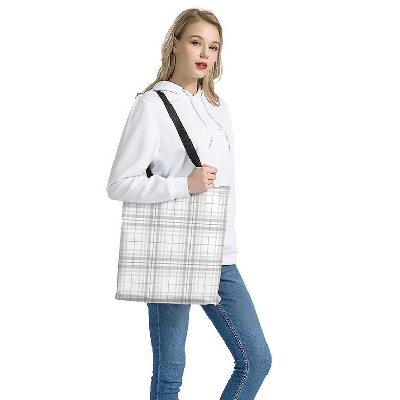 White And Grey Plaid Pattern Print Tote Bag