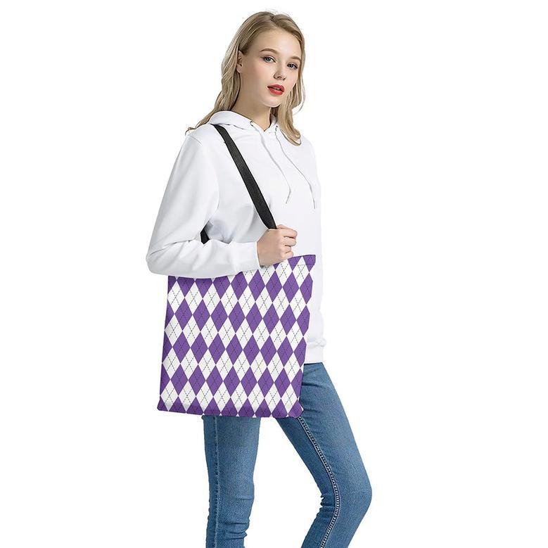 White And Purple Argyle Pattern Print Tote Bag