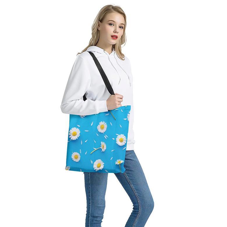 White Daisy Flower Print Tote Bag