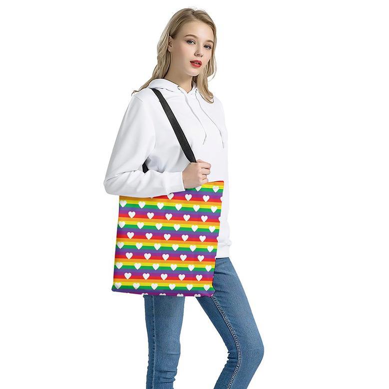 White Heart On Lgbt Pride Striped Print Tote Bag