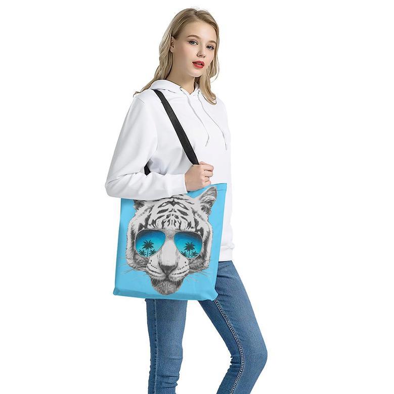 White Tiger With Sunglasses Print Tote Bag