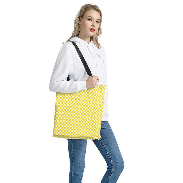 Yellow And White Checkered Pattern Print Tote Bag