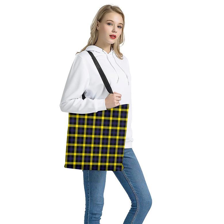 Yellow Navy And Black Plaid Print Tote Bag