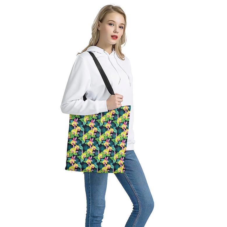 Yellow Orchid Pattern Print Tote Bag