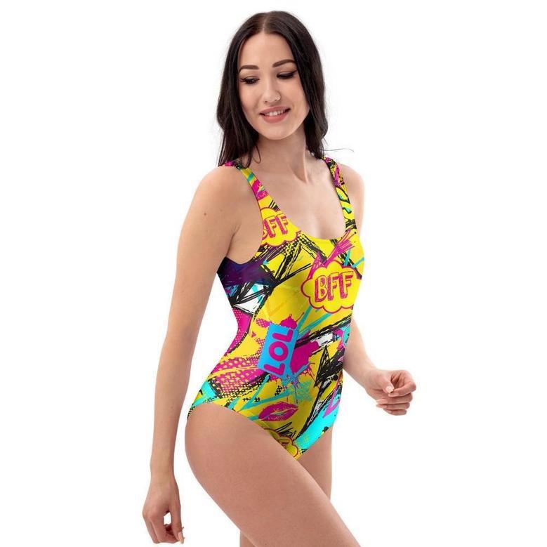 Abstract Comic Bubble Graffiti Print One Piece Swimsuite