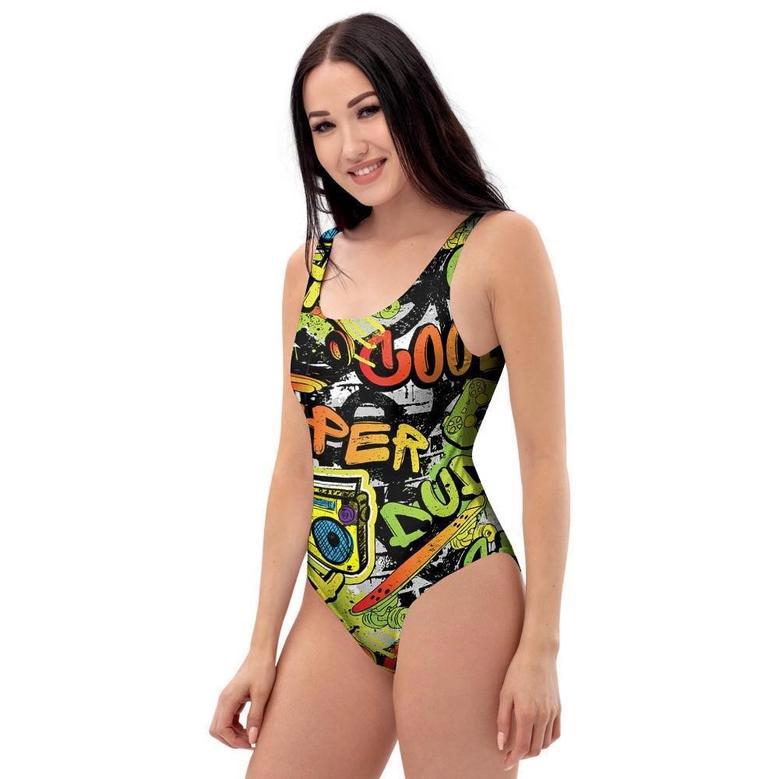 Abstract Graffiti Drips Print One Piece Swimsuite