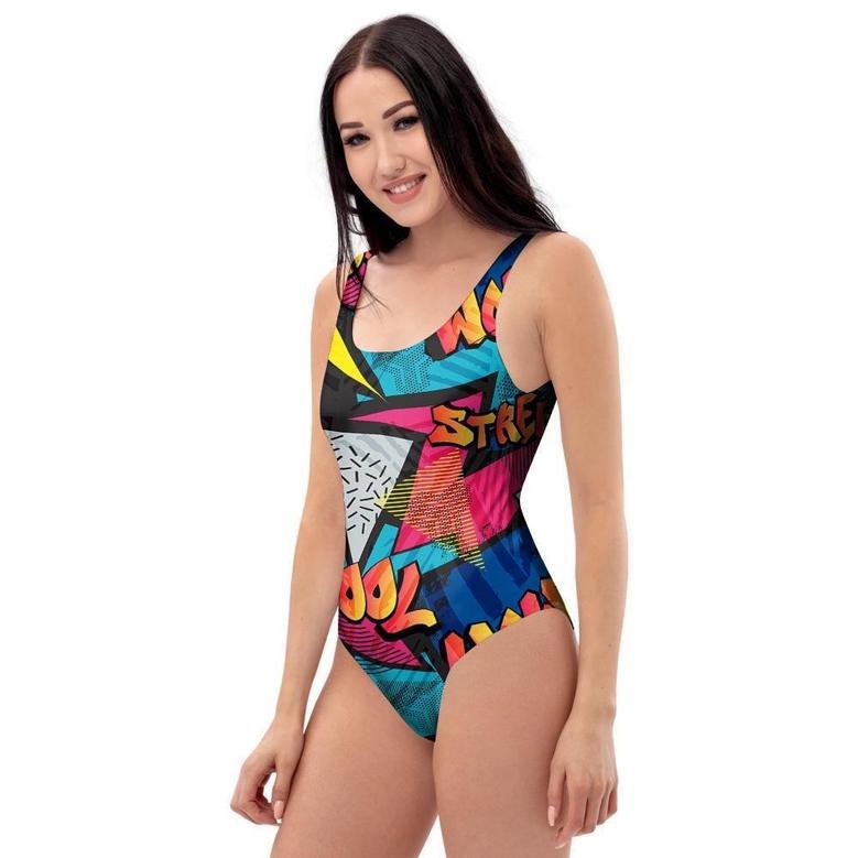 Abstract Graffiti Wow Print One Piece Swimsuite