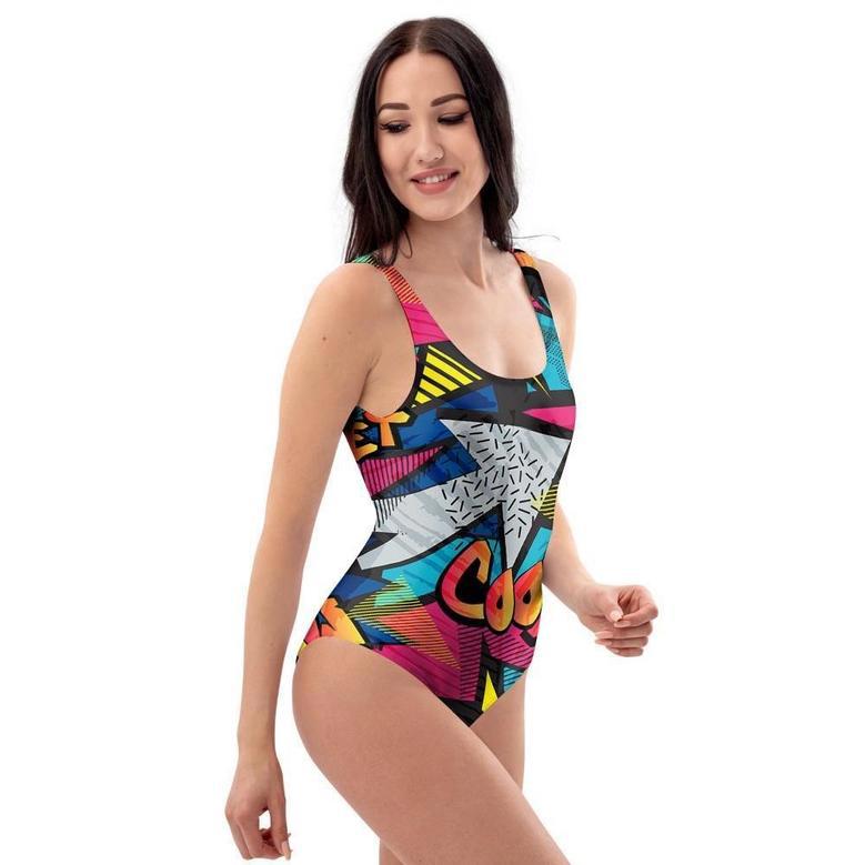 Abstract Graffiti Wow Print One Piece Swimsuite