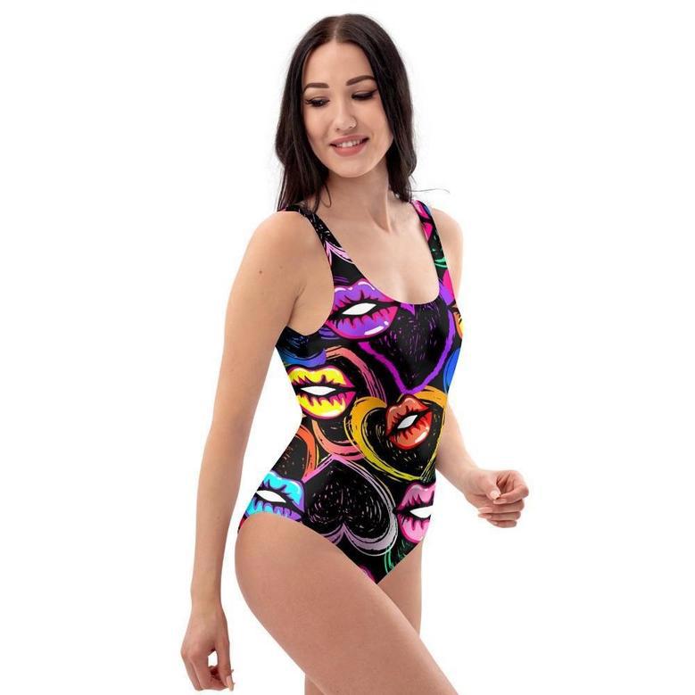 Abstract Lip Graffiti Print One Piece Swimsuite