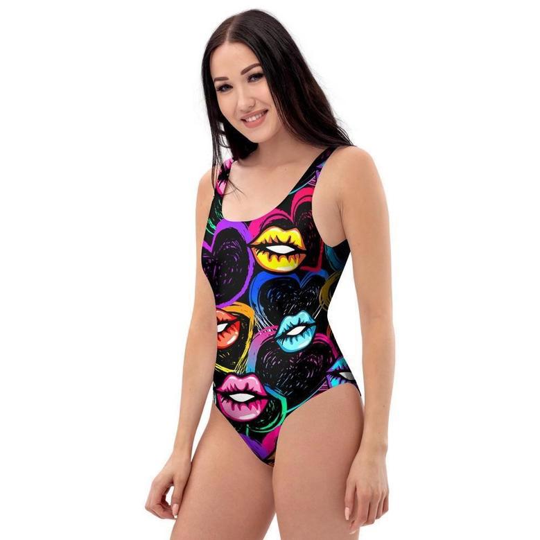 Abstract Lip Graffiti Print One Piece Swimsuite