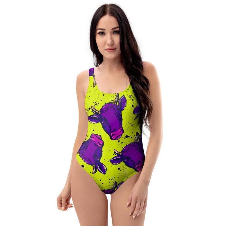 Abstract Neon Cow Print One Piece Swimsuite