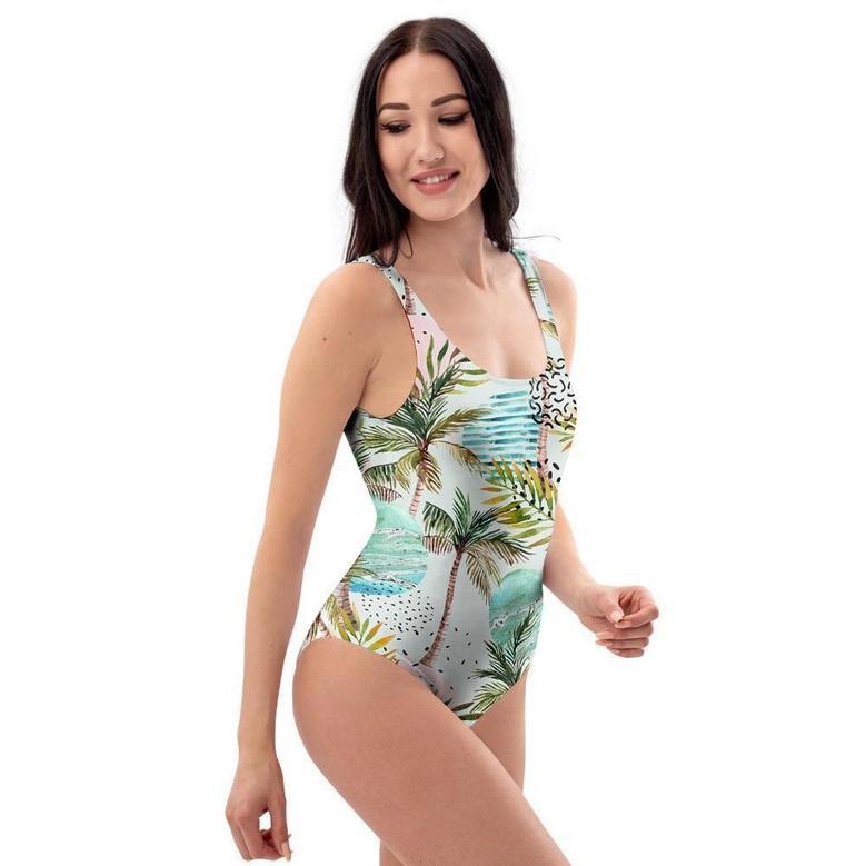 Abstract Palm Tree Hawaiian Print One Piece Swimsuite