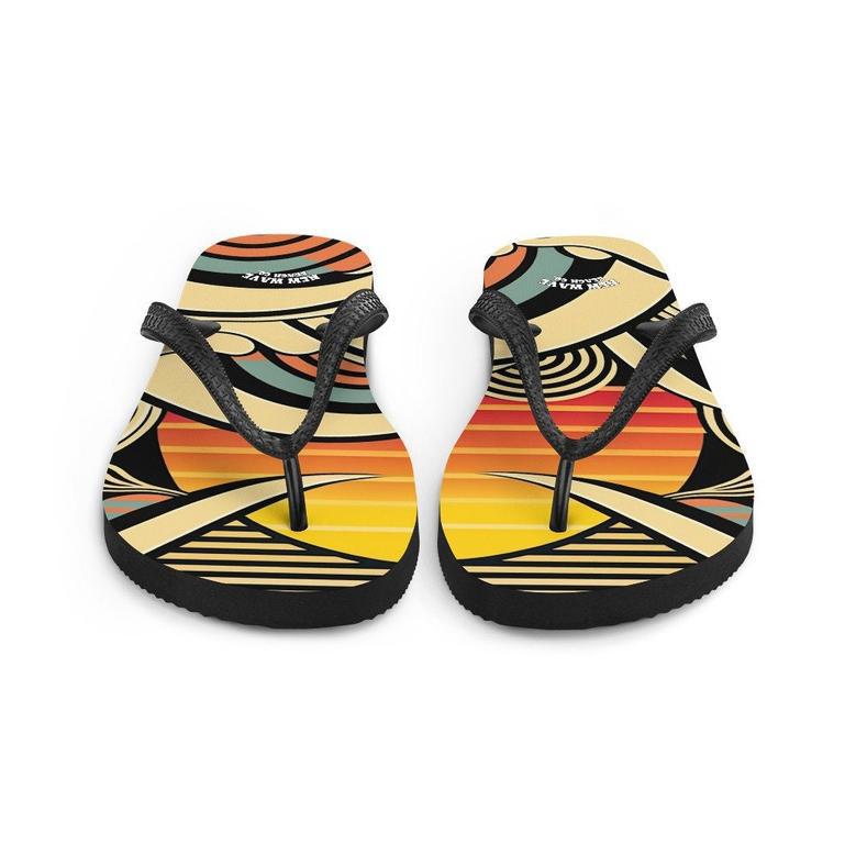 Abstract Retro Cartoon Sunset Beach Flip Flops Colorful