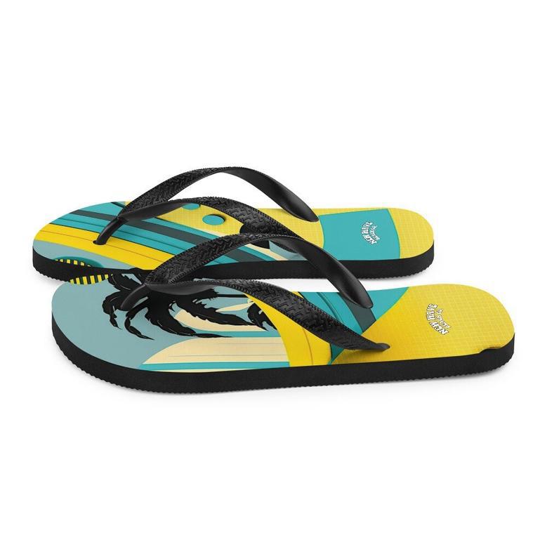 Abstract Yellow Blue Palm Tree Flip Flops Colorful