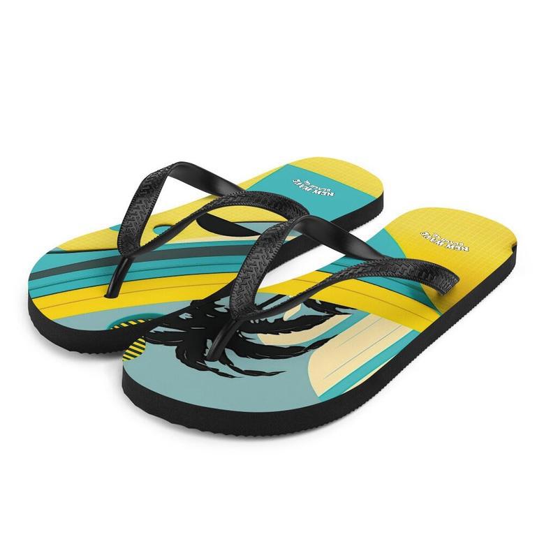 Abstract Yellow Blue Palm Tree Flip Flops Colorful