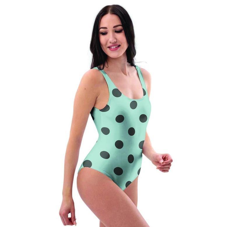 Aqua And Black Polka Dot One Piece Swimsuite