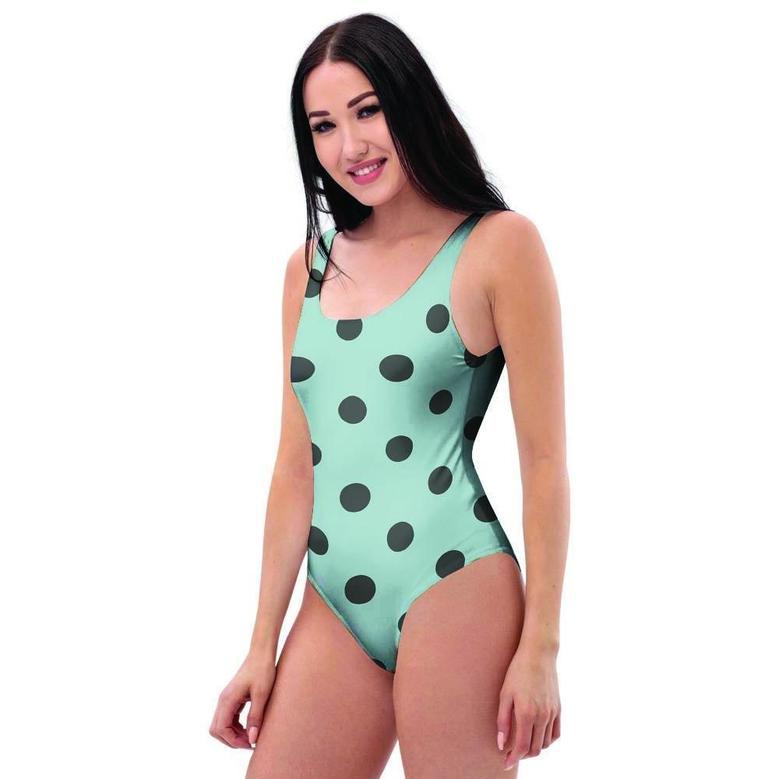 Aqua And Black Polka Dot One Piece Swimsuite