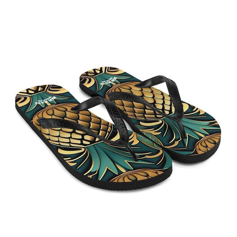 Art Deco Pineapple Yellow Gold Green Funky Fruit Flip Flops Colorful.