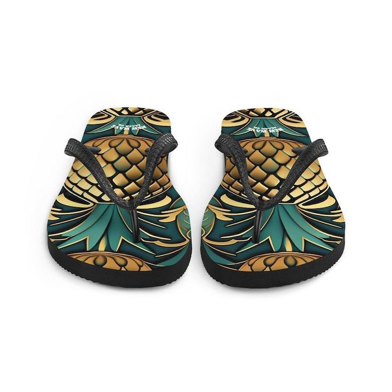 Art Deco Pineapple Yellow Gold Green Funky Fruit Flip Flops Colorful.