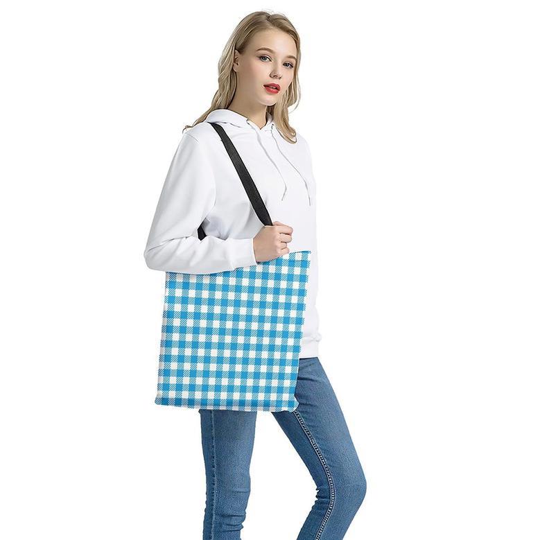 Azure Blue And White Gingham Print Tote Bag