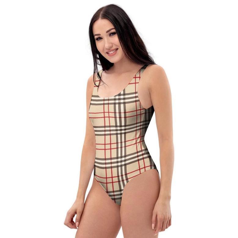 Beige Plaid Tartan One Piece Swimsuite