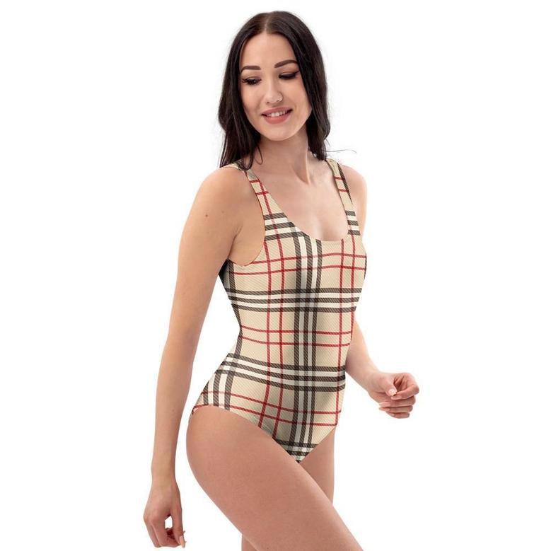 Beige Plaid Tartan One Piece Swimsuite