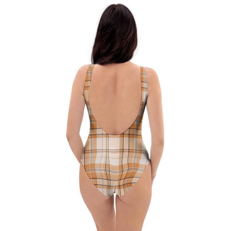 Beige Plaid Tartan Print One Piece Swimsuite