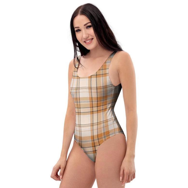 Beige Plaid Tartan Print One Piece Swimsuite