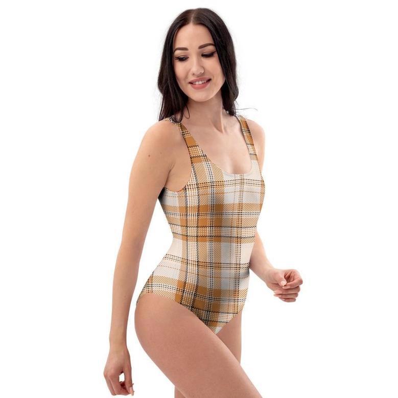 Beige Plaid Tartan Print One Piece Swimsuite