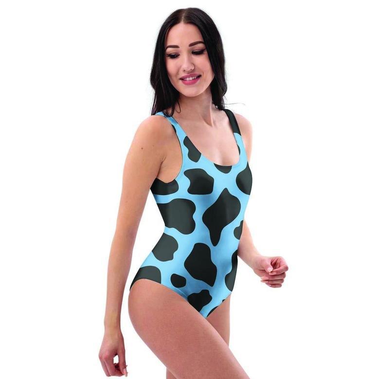 Black And Blue Cow Print One Piece Swimsuite