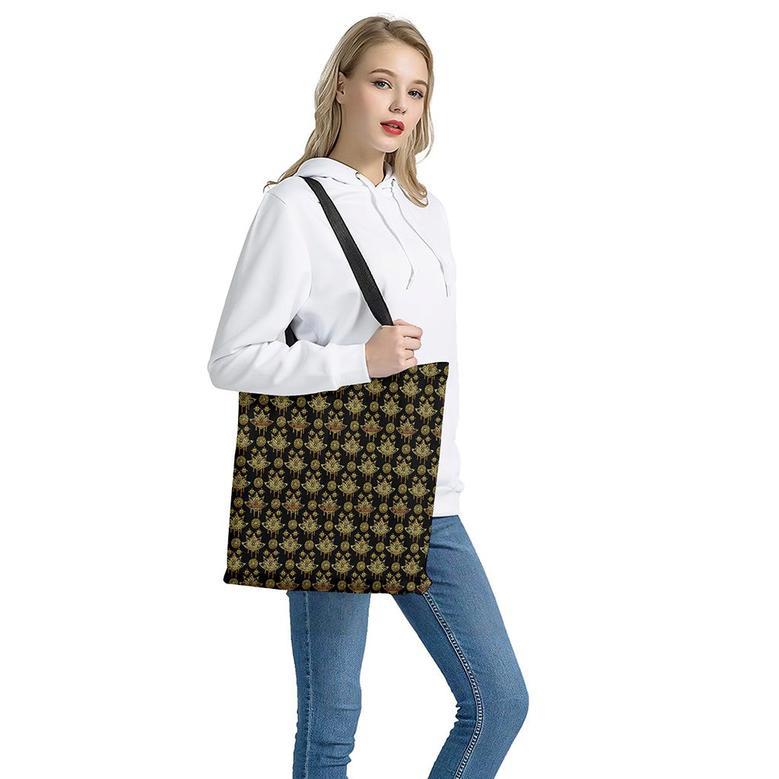 Black And Gold Lotus Flower Print Tote Bag