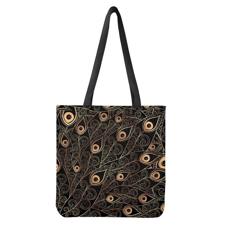 Black And Gold Peacock Feather Print Tote Bag