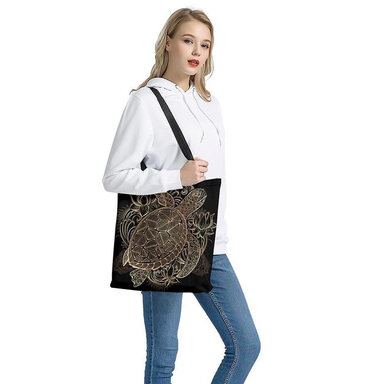 Black And Gold Sea Turtle Print Tote Bag