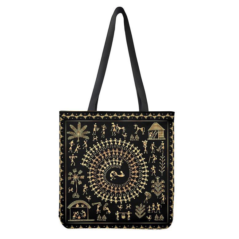 Black And Gold Warli Tribal Print Tote Bag