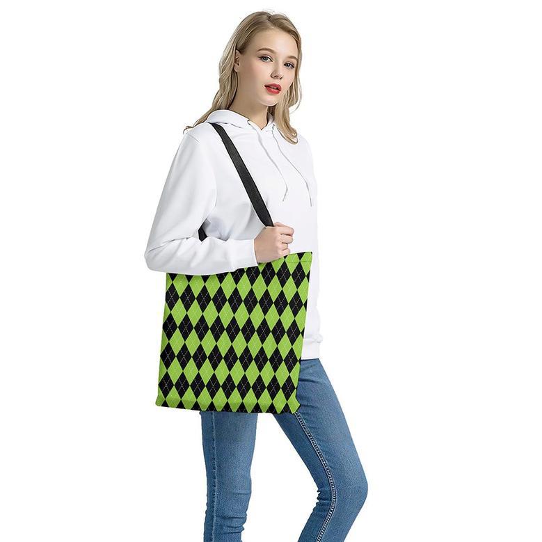 Black And Green Argyle Pattern Print Tote Bag