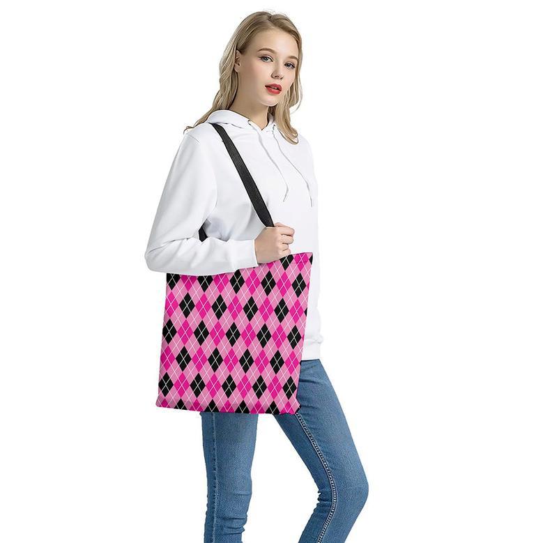 Black And Pink Argyle Pattern Print Tote Bag