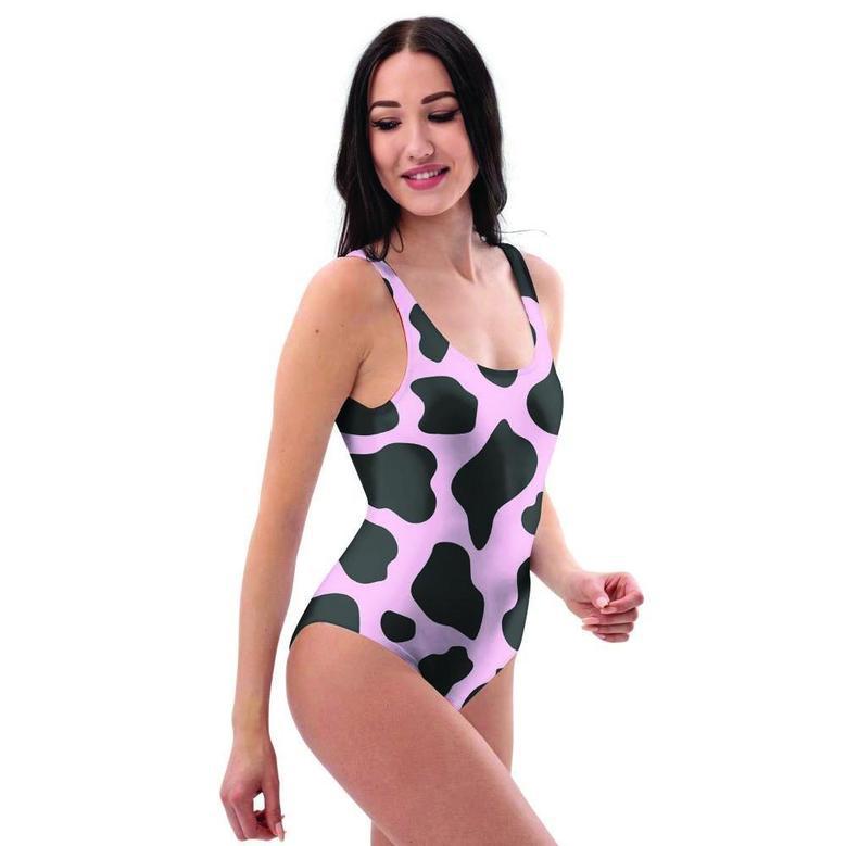 Black And Pink Cow Print One Piece Swimsuite