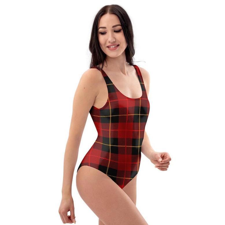 Black And Red Plaid Tartan One Piece Swimsuite