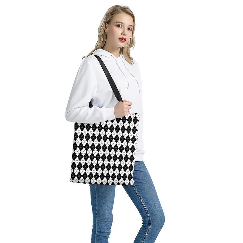 Black And White Argyle Pattern Print Tote Bag