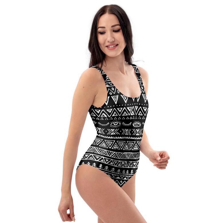 Black And White Doodle Tribal Aztec Print One Piece Swimsuite