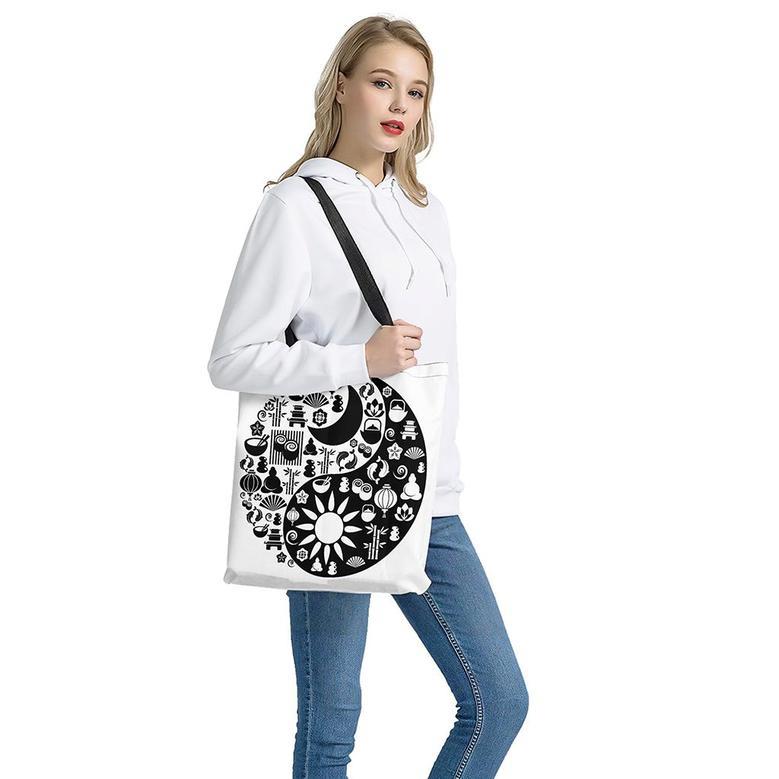 Black And White Japanese Yin Yang Print Tote Bag