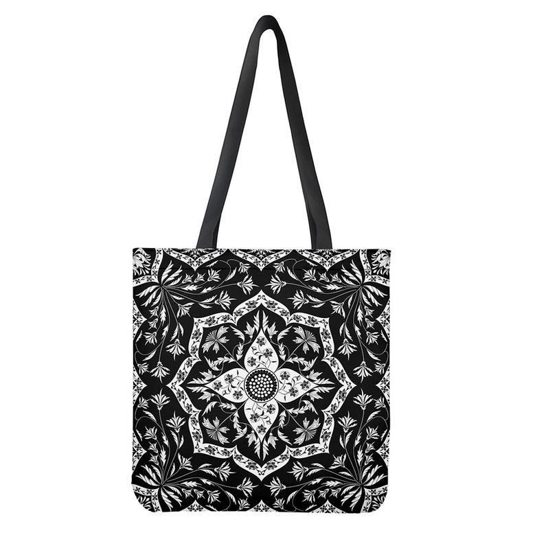 Black And White Lotus Mandala Print Tote Bag